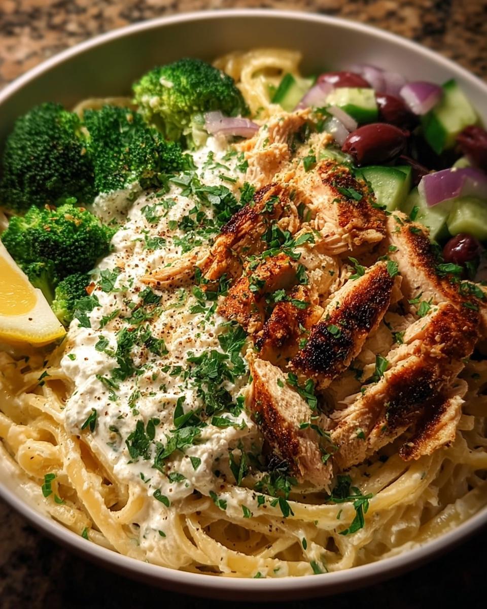 Close-up of a high-protein healthy dinner bowl featuring creamy pasta, sliced grilled chicken, broccoli, and Greek salad toppings.