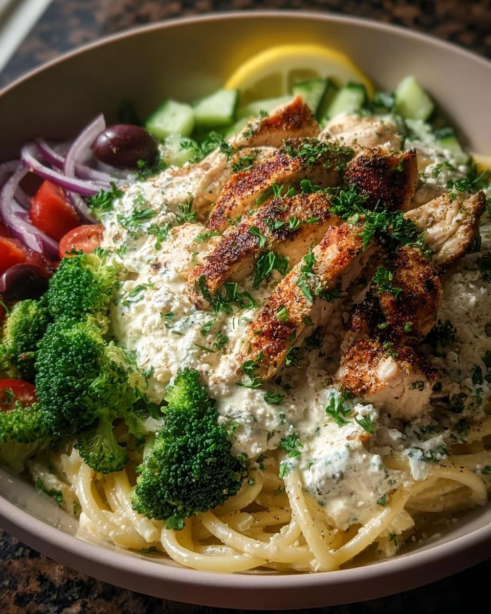 A bowl of pasta topped with sliced seasoned chicken, creamy sauce, broccoli, and fresh vegetables, perfect for High-Protein Healthy Dinners for Energy.