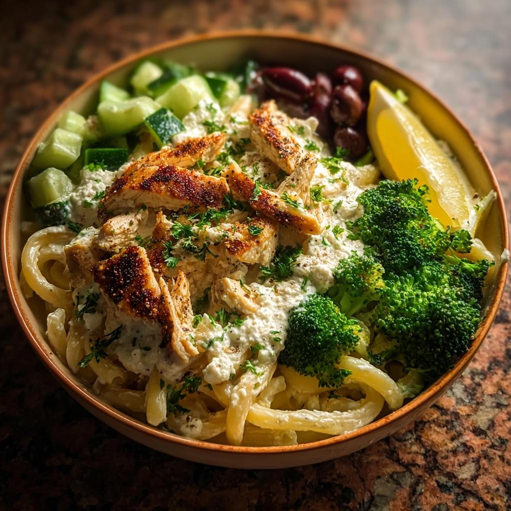 A bowl featuring a high-protein healthy dinner with pasta, creamy sauce, sliced seasoned chicken, broccoli, and cucumbers.