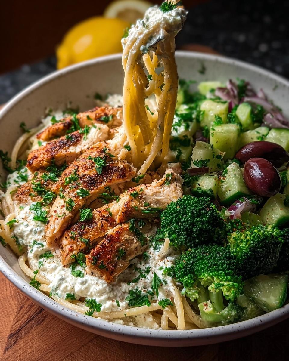 A fork lifts creamy pasta from a bowl topped with sliced grilled chicken, broccoli, and a Greek-style salad, perfect for High-Protein Healthy Dinners.