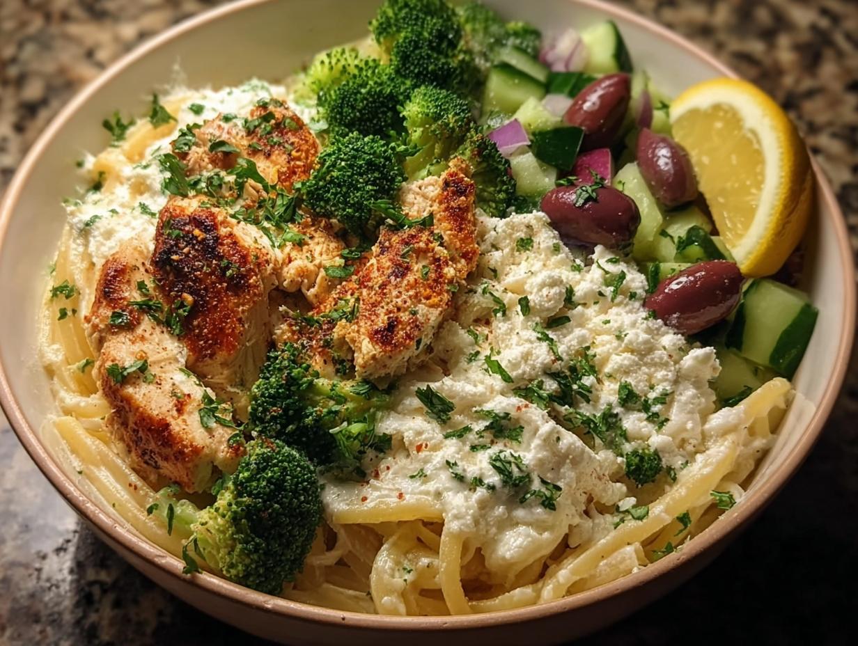 A bowl featuring a High-Protein Healthy Dinners option: seasoned chicken over pasta with broccoli, feta, and a side salad.