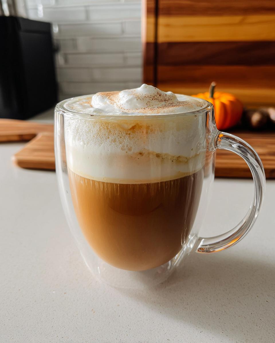 A homemade pumpkin spice latte topped with whipped cream and cinnamon in a clear glass mug.