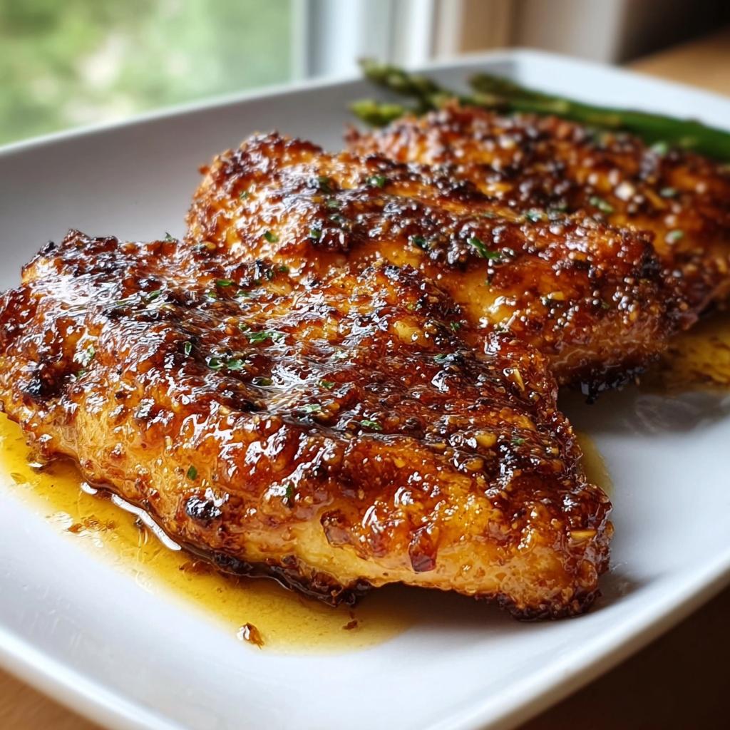 Three Honey Mustard Chicken Breasts with Crispy Finish glistening with glaze on a white plate.