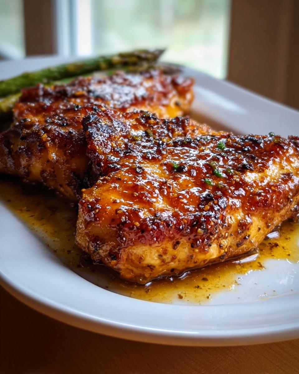 Close-up of three Honey Mustard Chicken Breasts with Crispy Finish, glistening with glaze and served with asparagus.