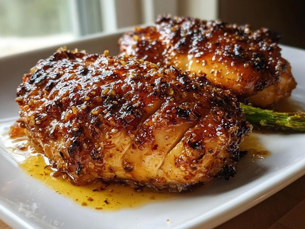 Two glazed Honey Mustard Chicken Breasts with a crispy, textured topping served on a white plate.