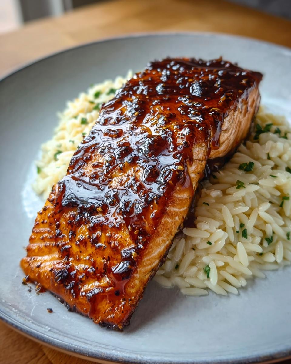 Close-up of a glazed Hot Honey Salmon fillet served over a bed of orzo pasta.