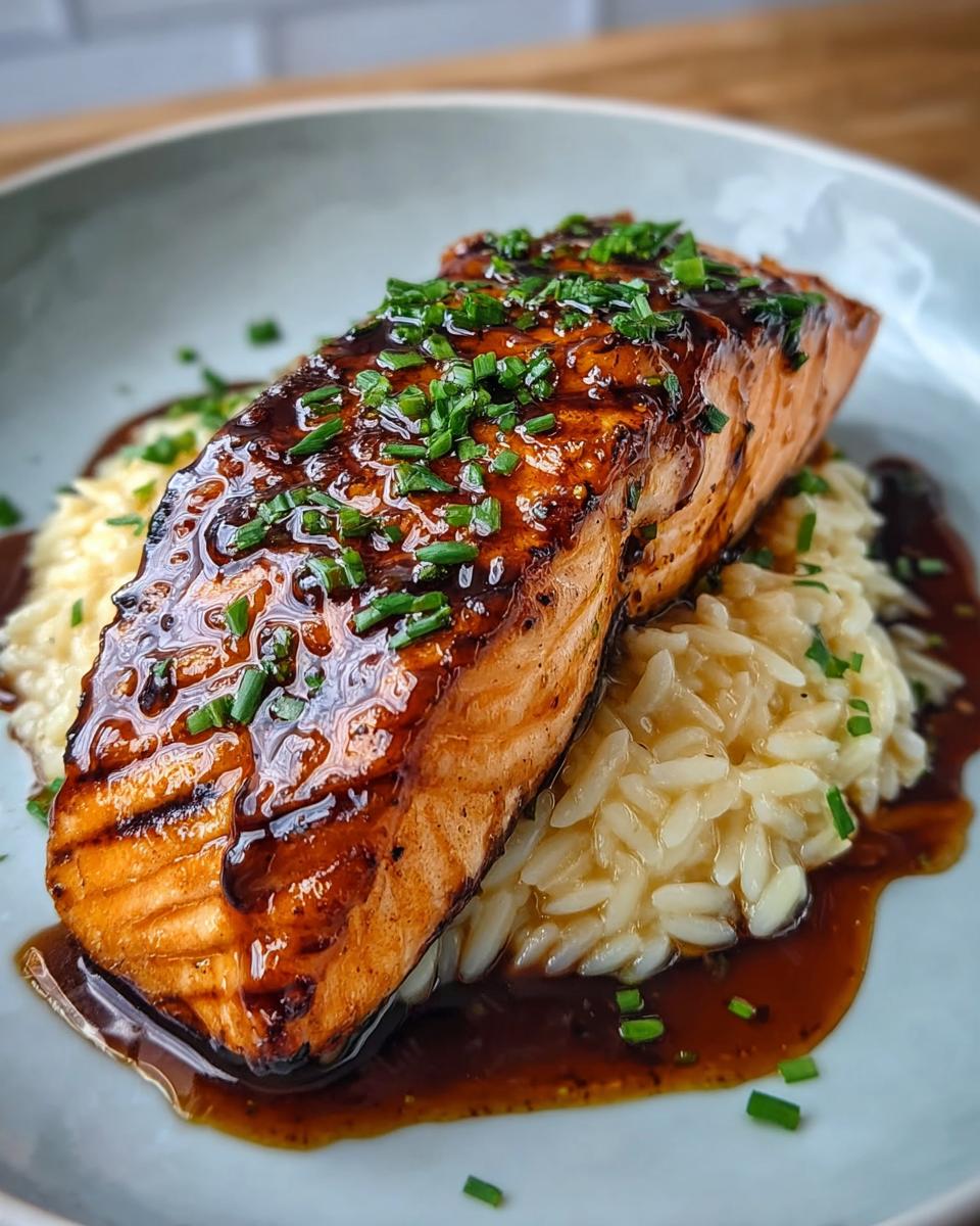 A perfectly cooked fillet of Hot Honey Salmon glazed and topped with chives, served over rice.