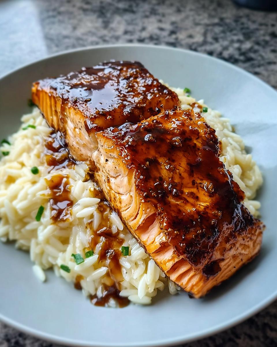 Two pieces of glazed Hot Honey Salmon served over a bed of white orzo pasta, garnished with chives.