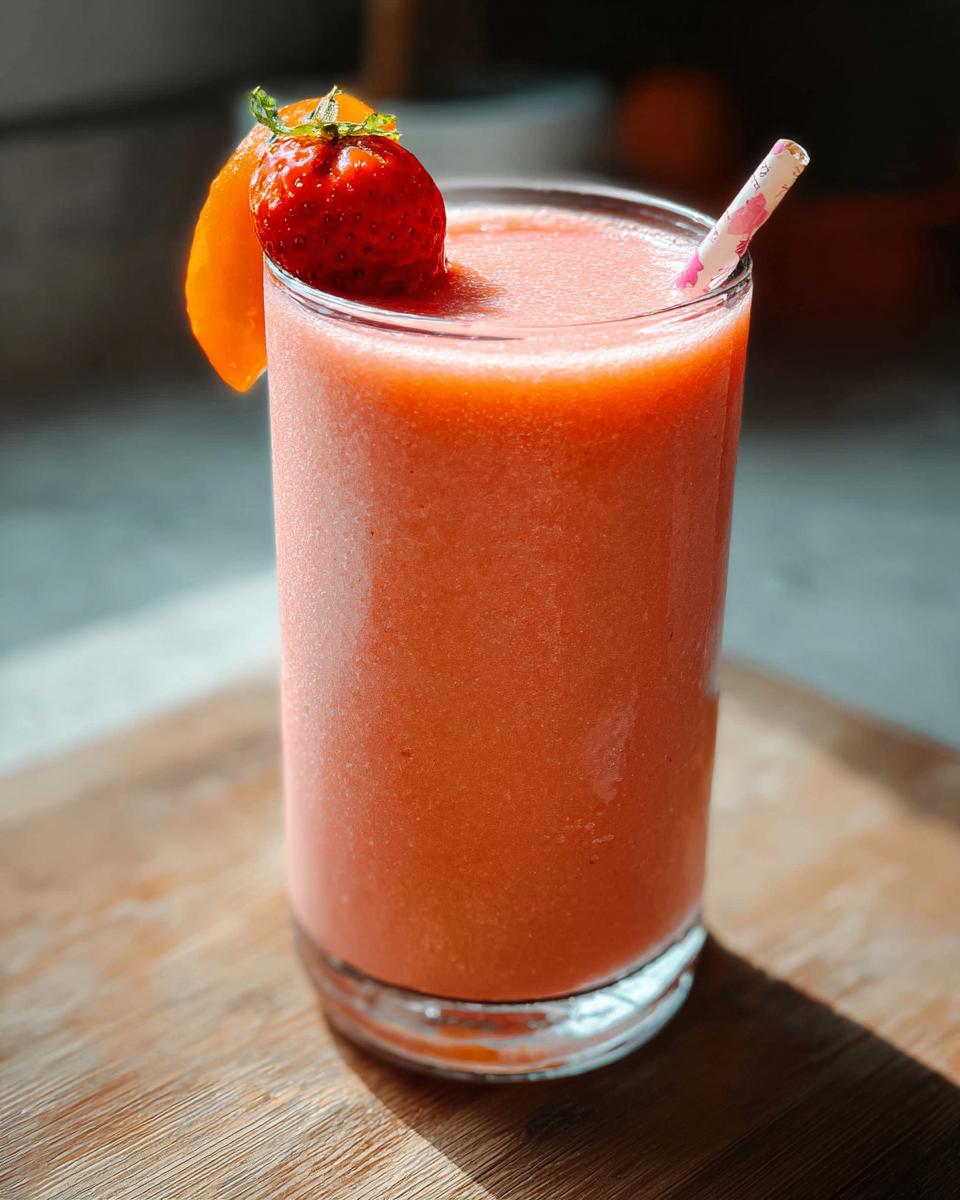 A tall glass filled with vibrant orange-pink strawberry juice, garnished with a fresh strawberry and orange slice.