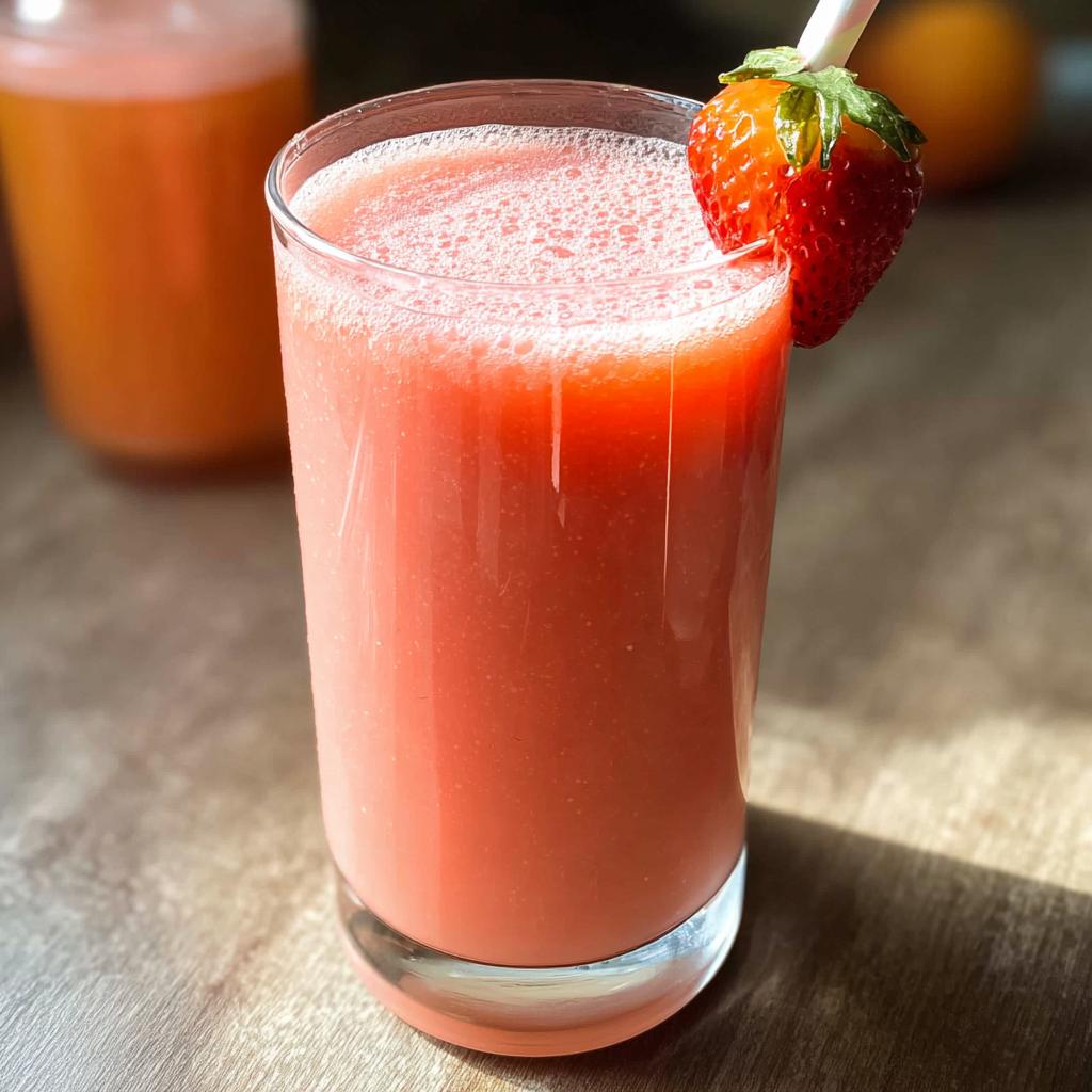 Close-up of a tall glass filled with pink strawberry juice, garnished with a fresh strawberry.