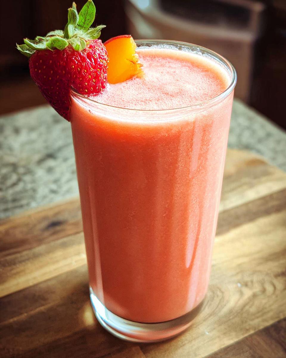 A tall glass of blended strawberry juice garnished with a fresh strawberry and a slice of peach.