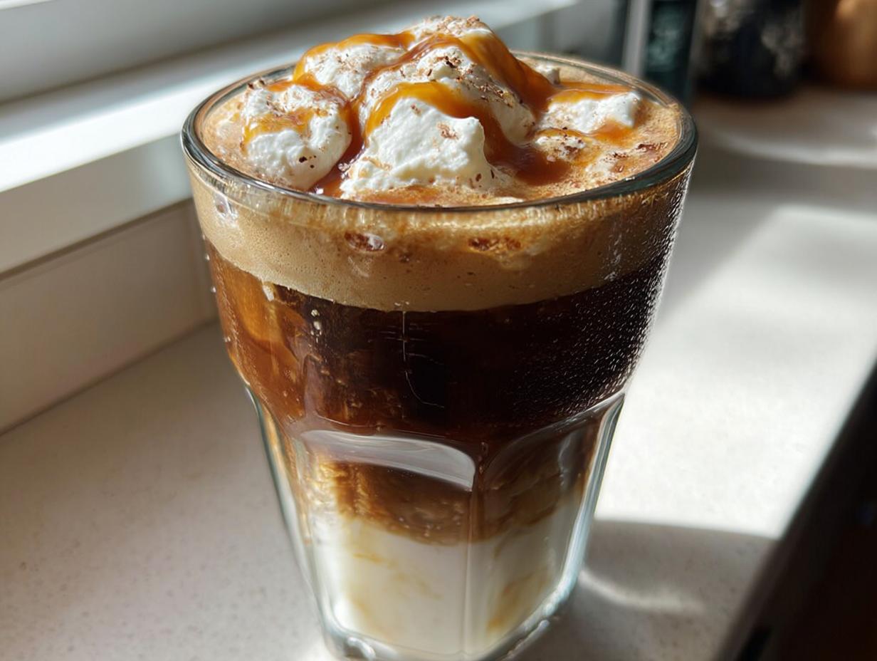 Close-up of a layered iced coffee drink, resembling a Starbucks recipe, topped with whipped cream and caramel drizzle.