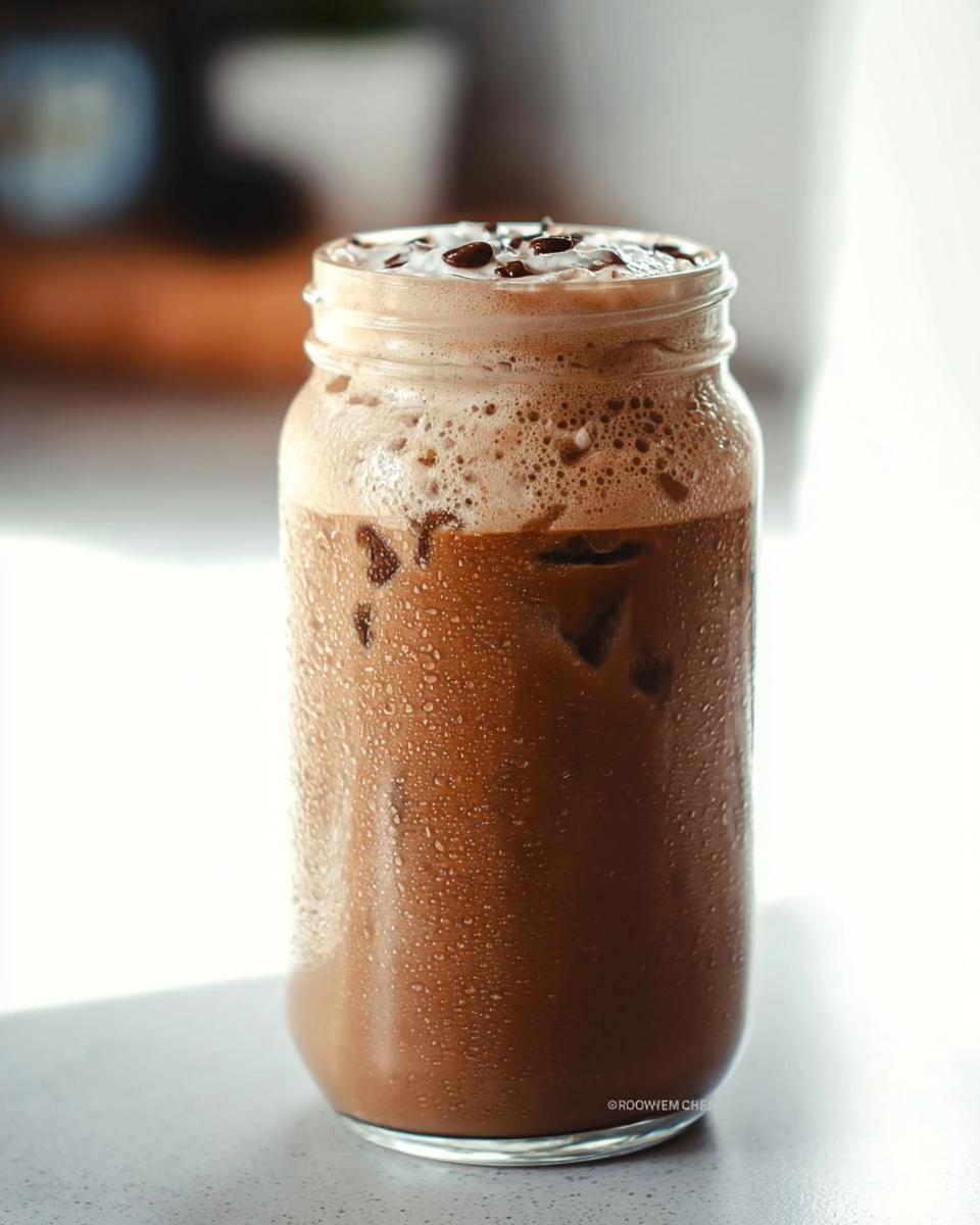 A tall, condensation-covered glass jar filled with an iced chocolate drink and foamy top, part of Starbucks Drinks Recipes.