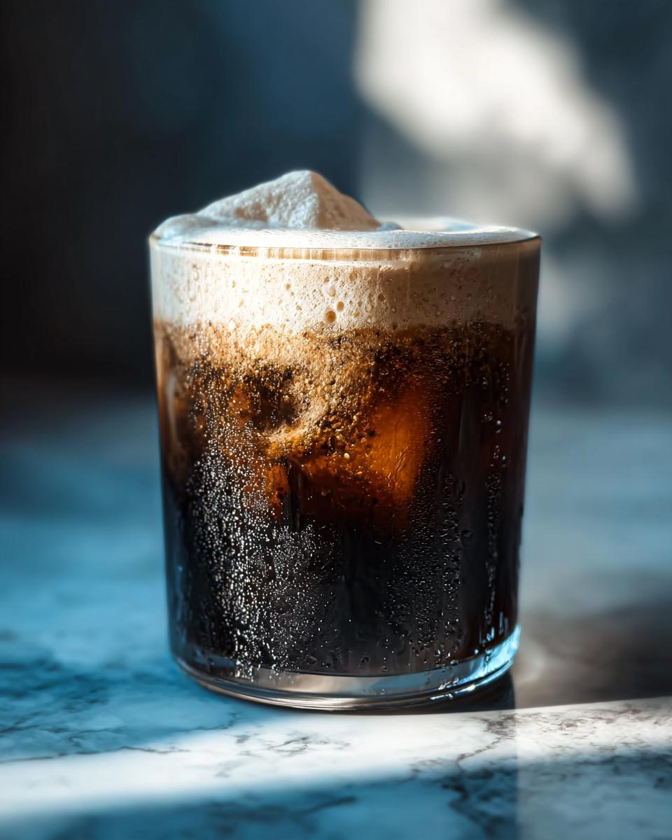Close-up of a glass of dark iced coffee with condensation and a thick layer of cold foam topping.