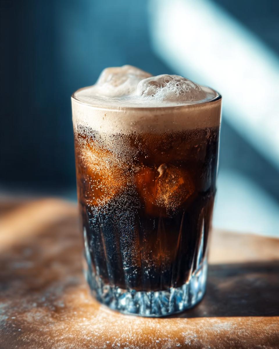 Close-up of a dark, fizzy iced coffee Starbucks order with ice cubes and a layer of light foam.