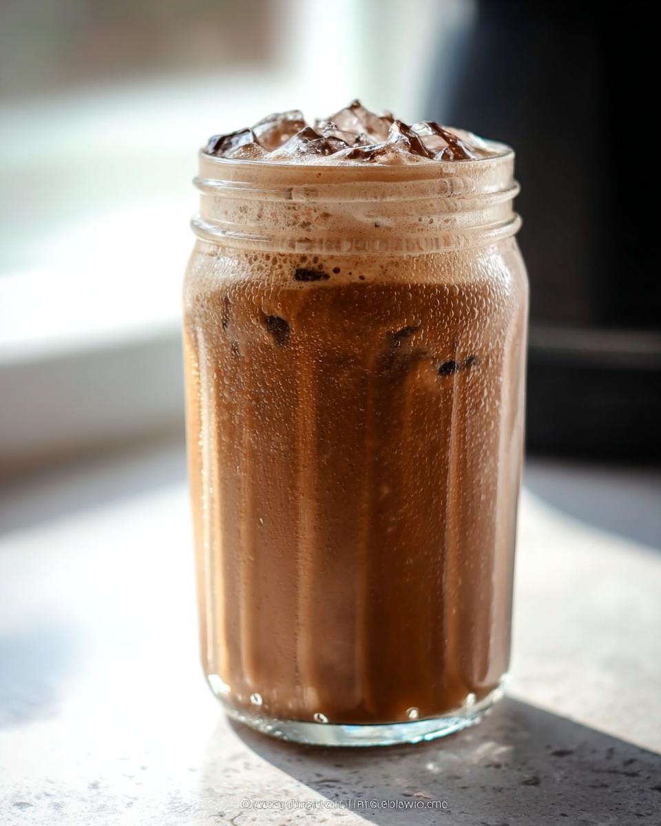 Close-up of a cold, iced coffee drink in a mason jar, perfect for quick Starbucks Drinks Recipes in 12 Minutes.