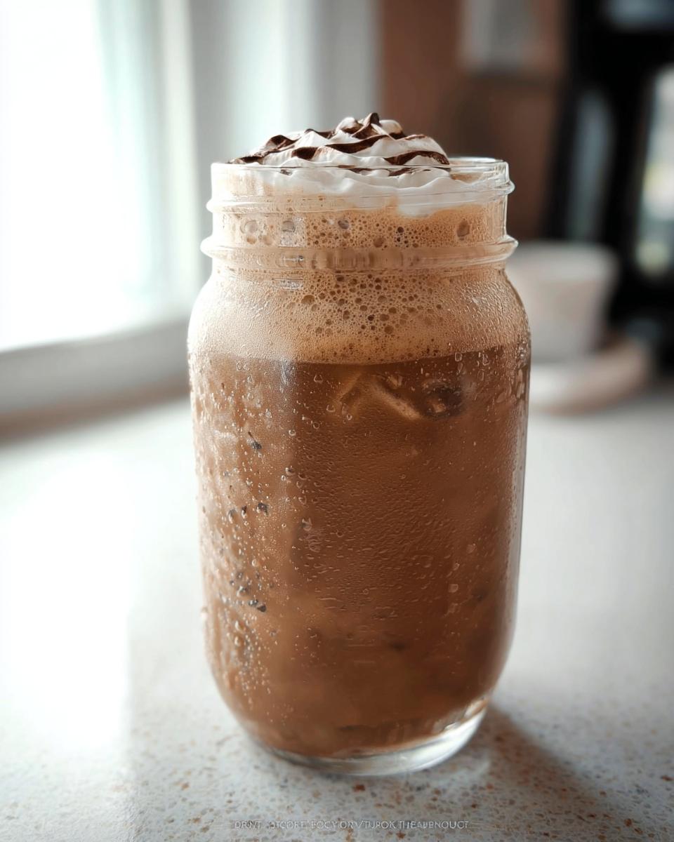 A tall, cold, iced coffee drink topped with whipped cream and chocolate drizzle, perfect for Starbucks Drinks Recipes.