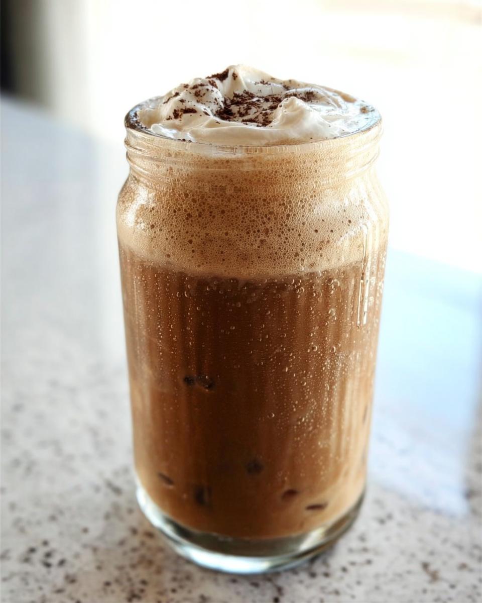 A tall, foamy iced coffee drink topped with whipped cream and chocolate shavings, part of Starbucks Drinks Recipes.