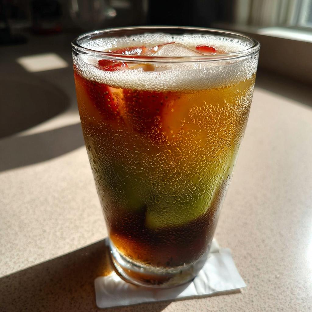 A tall, sweating glass filled with an iced, layered drink featuring dark liquid, green fruit pieces, and strawberry slices, perfect for Dorm-Friendly Starbucks Drinks.