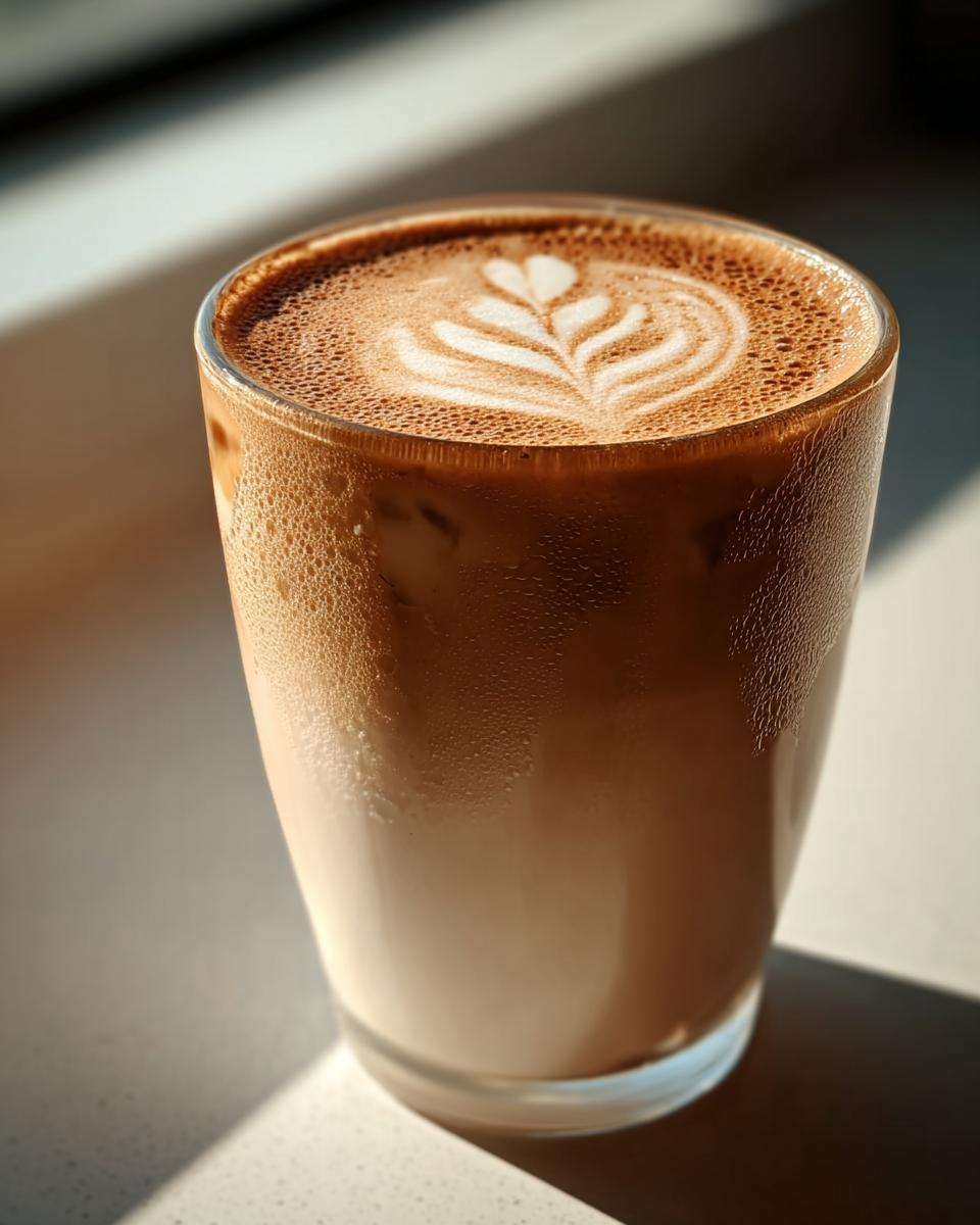 Close-up of a cold, iced coffee drink with distinct latte art on top, perfect for Restaurant-Style Starbucks Drinks Recipes at Home.