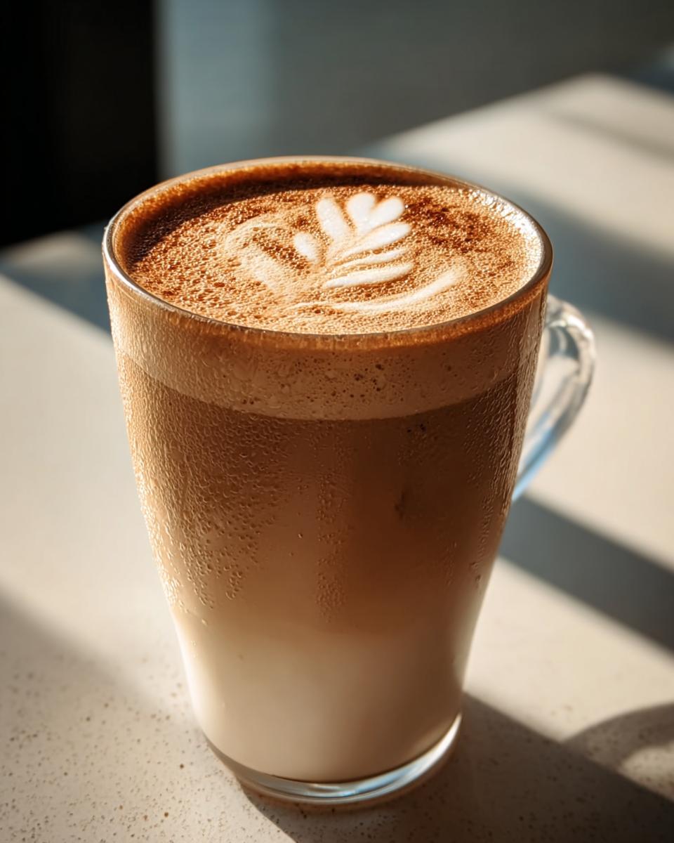 Close-up of a cold layered coffee drink with latte art on top, resembling Restaurant-Style Starbucks Drinks Recipes at Home.