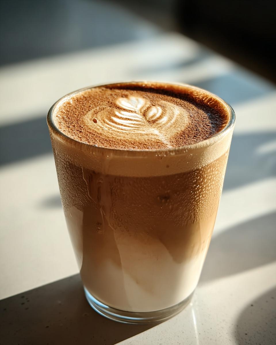 Close-up of a layered iced latte in a glass showing condensation and beautiful latte art on top, perfect for Restaurant-Style Starbucks Drinks Recipes at Home.