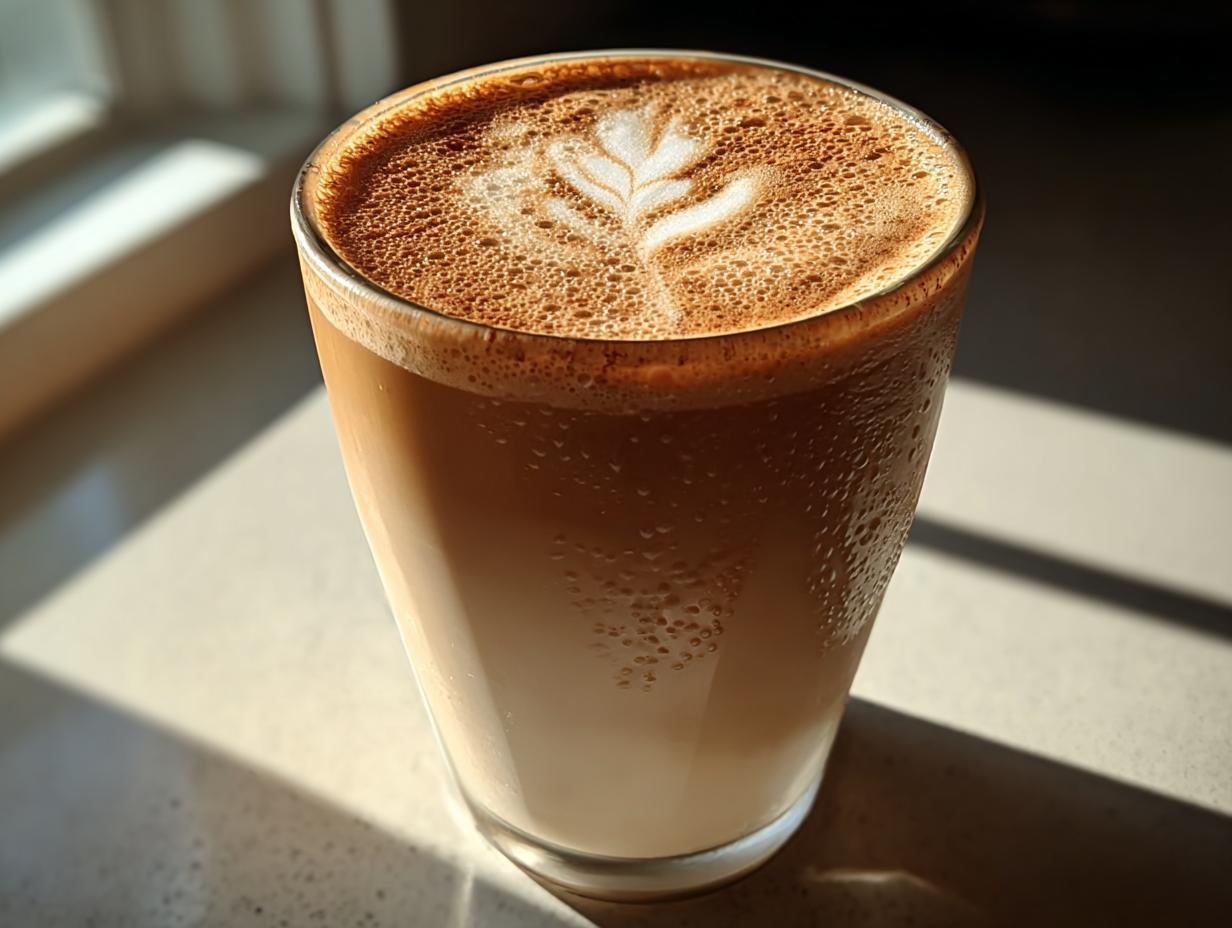 Close-up of a cold, layered coffee drink with rich foam and latte art, resembling Restaurant-Style Starbucks Drinks Recipes at Home.