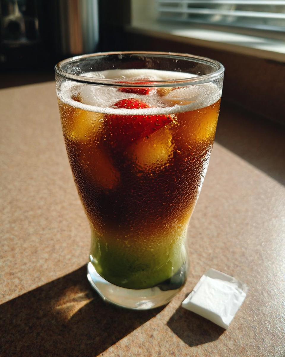 A tall glass of iced, layered coffee drink with strawberries, next to a sweetener packet, representing Dorm-Friendly Starbucks Drinks.