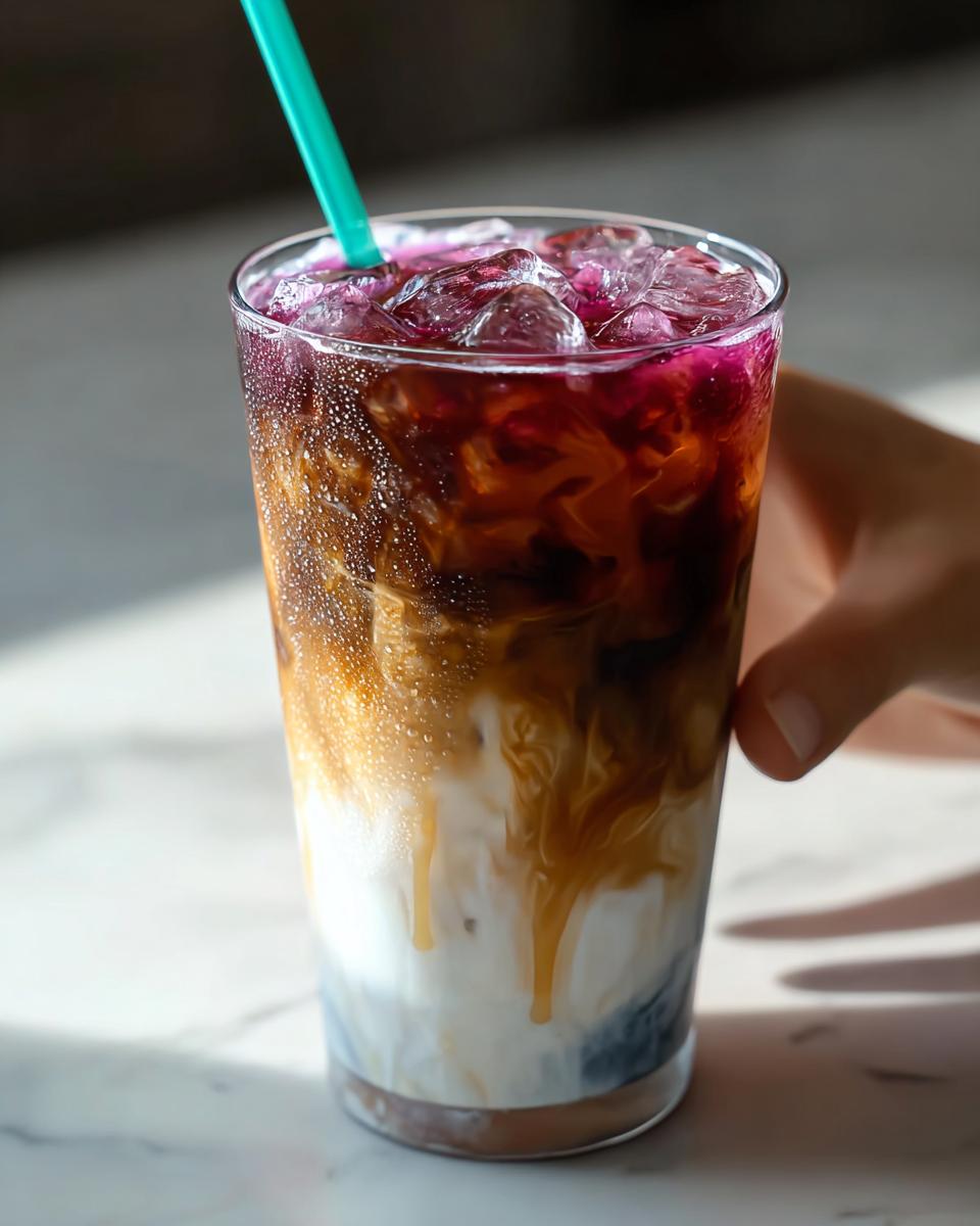 Close-up of a layered iced coffee drink with milk, espresso, and purple/pink topping, perfect Starbucks Drink Order for Busy Moms.