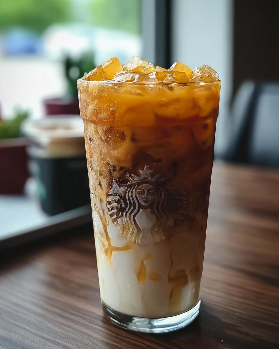 Close-up of a layered iced coffee drink, likely a Starbucks Drinks: Easy Order hack, showing milk, espresso, and ice.