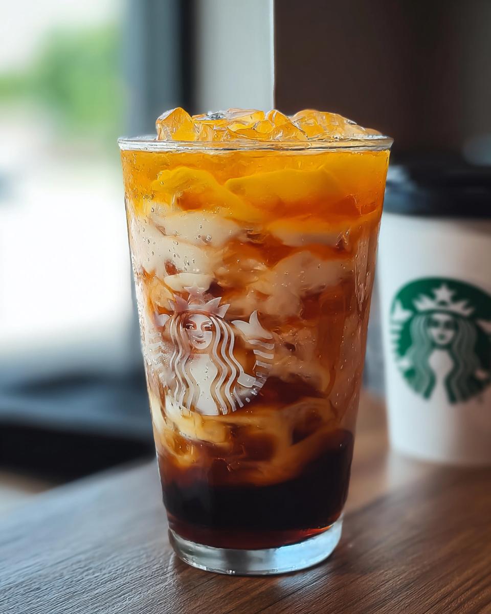 Close-up of a cold, iced Starbucks drink with condensation on the cup and yellow fruit pieces on top.