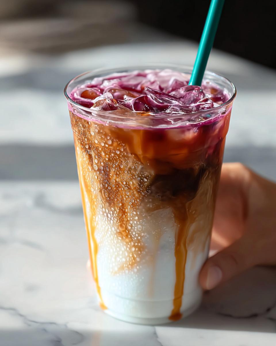 Close-up of a layered iced coffee, a popular Starbucks drink order for busy moms, with milk, espresso, caramel drizzle, and purple topping.