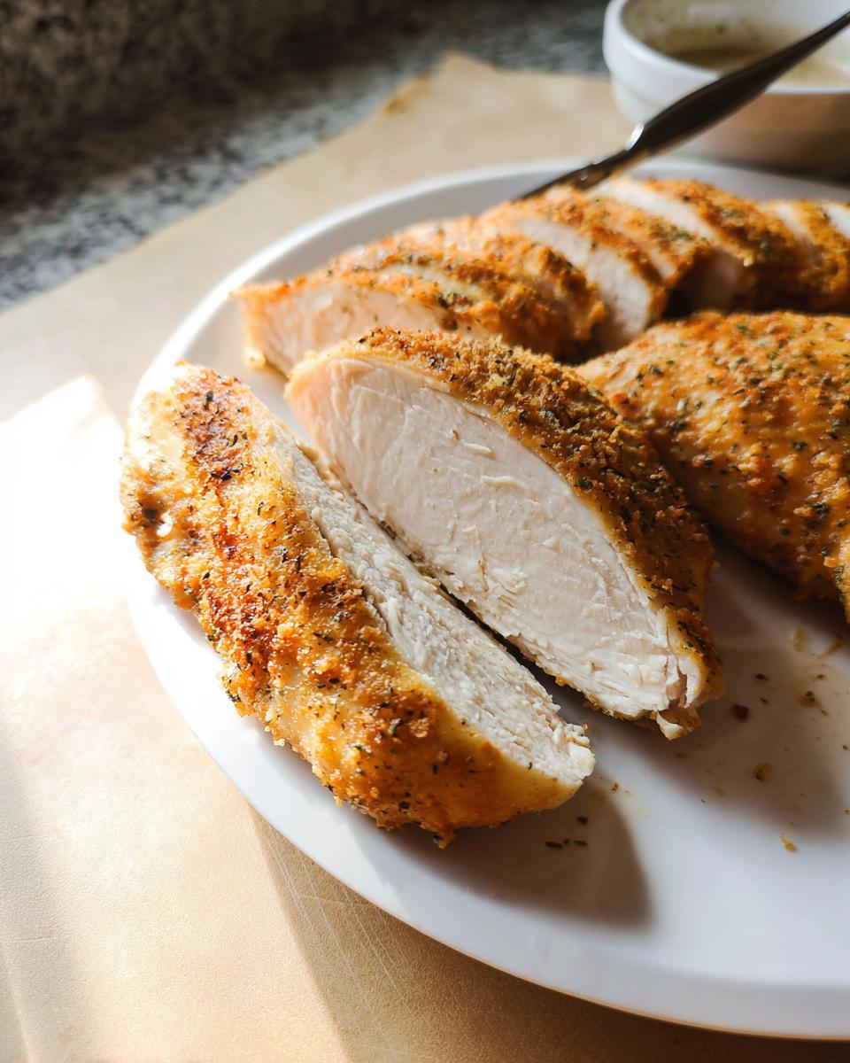 Close-up of perfectly cooked, sliced Brined Chicken Breasts That Never Dry Out, showing moist white meat and seasoned crust.