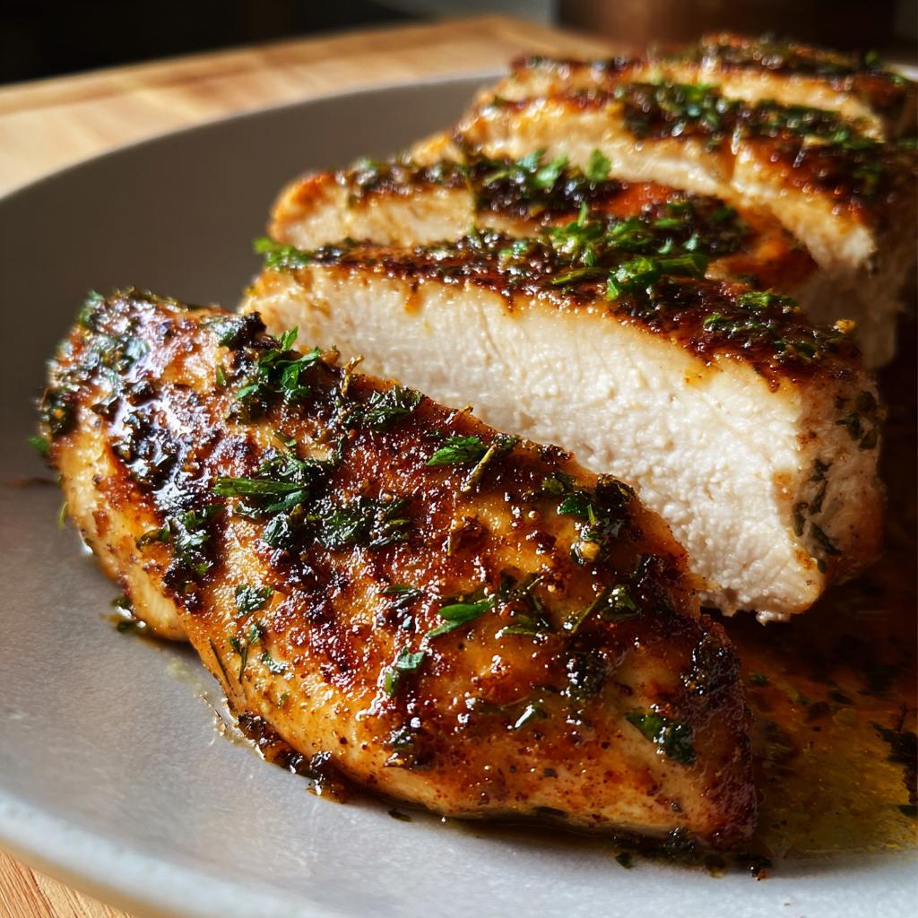 Close-up of sliced Juicy Garlic Herb Chicken Breasts showing moist white interior and herb glaze.
