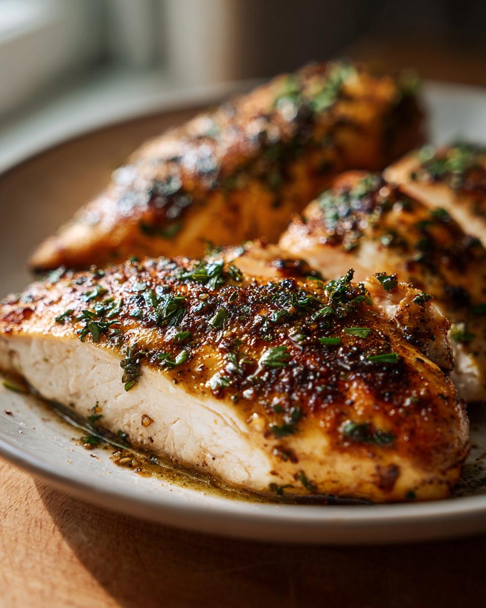 Close-up of a sliced Juicy Garlic Herb Chicken Breast showing the moist white interior and browned, herb-crusted exterior.
