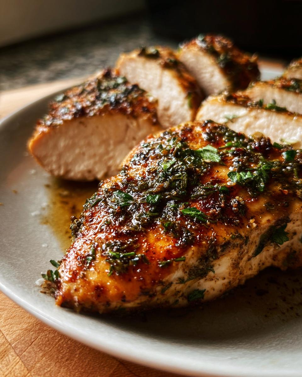 Close-up of Juicy Garlic Herb Chicken Breasts, one whole and several sliced, showing moist interior and herb crust.