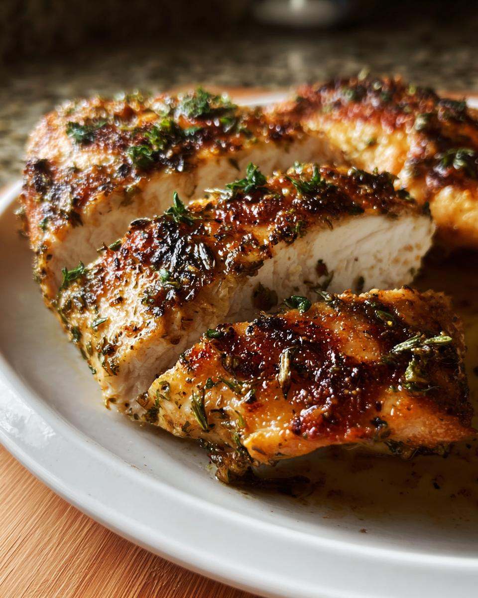 Close-up of Juicy Garlic Herb Chicken Breasts, sliced to show the moist interior and herb crust.