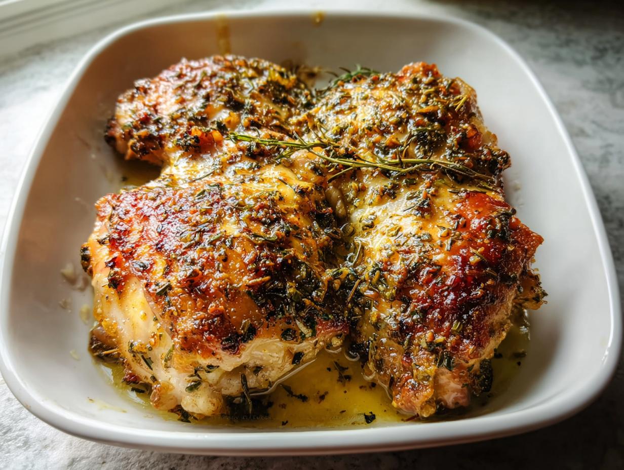 Two pieces of Oven Baked Lemon Herb Chicken with crispy, herb-crusted skin sitting in pan juices.