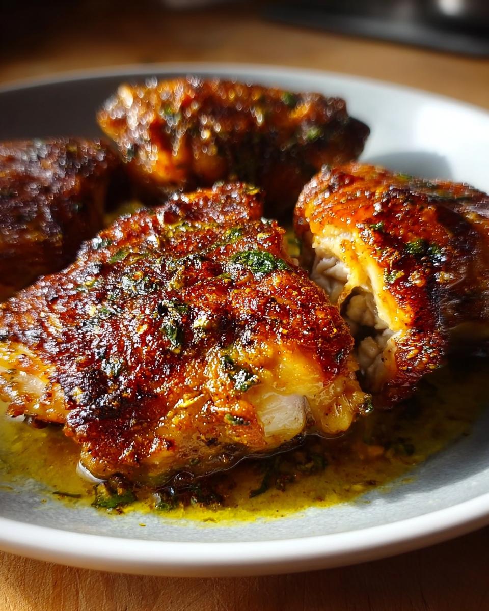 Close-up of perfectly roasted, glazed chicken thigh recipes sitting in savory pan juices.