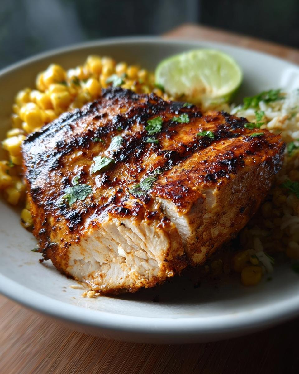 Close-up of a perfectly cooked, seasoned chicken breast, showing a juicy interior, served with corn and a lime wedge.