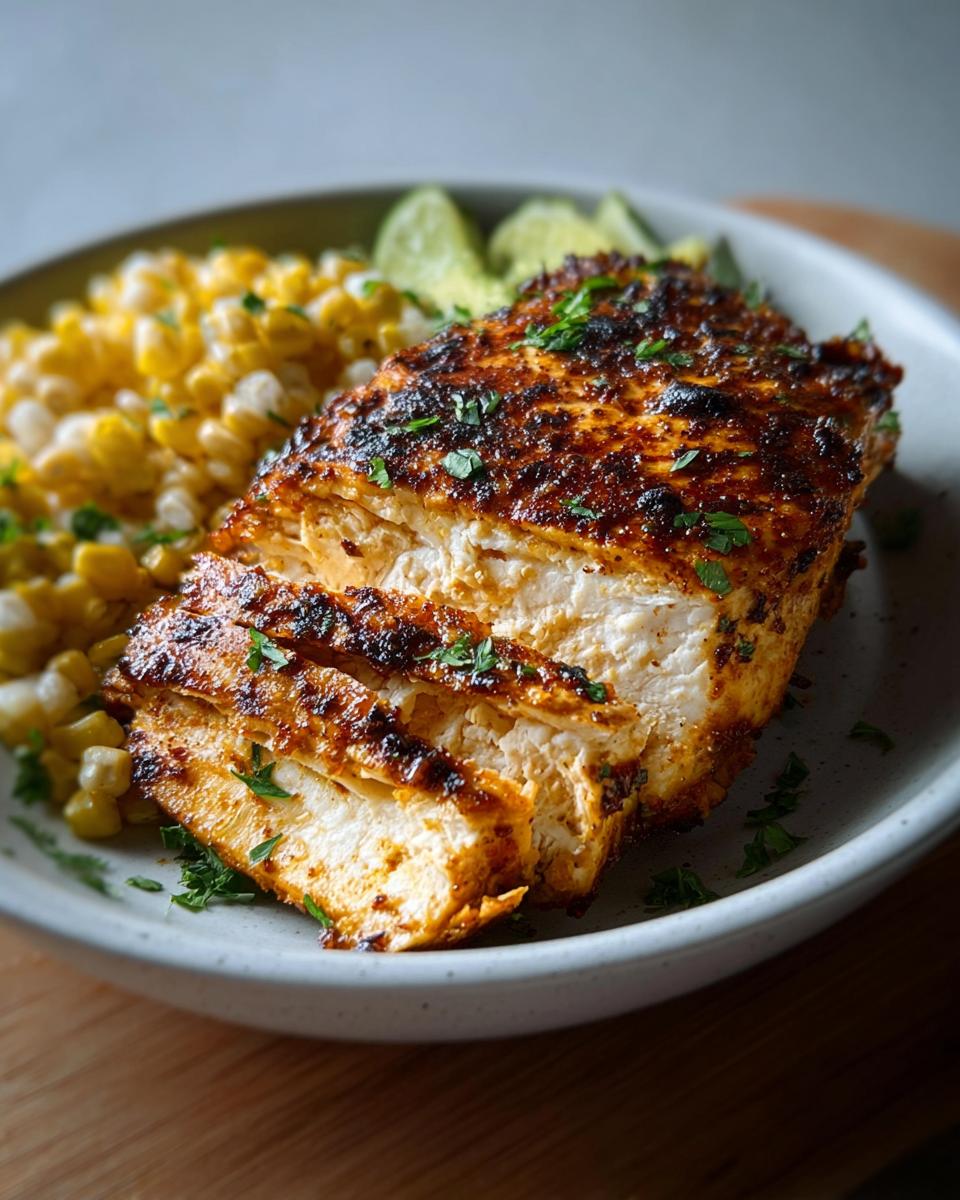 A sliced, seasoned chicken breast served with corn and lime wedges, illustrating one of the Healthy Chicken Recipes.
