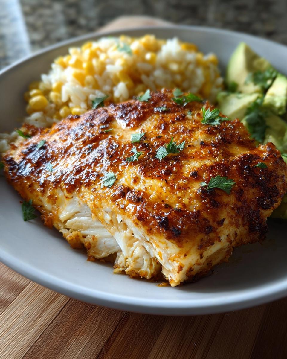 A close-up of a perfectly cooked, seasoned chicken breast, part of Healthy Chicken Recipes, served with corn rice and avocado.