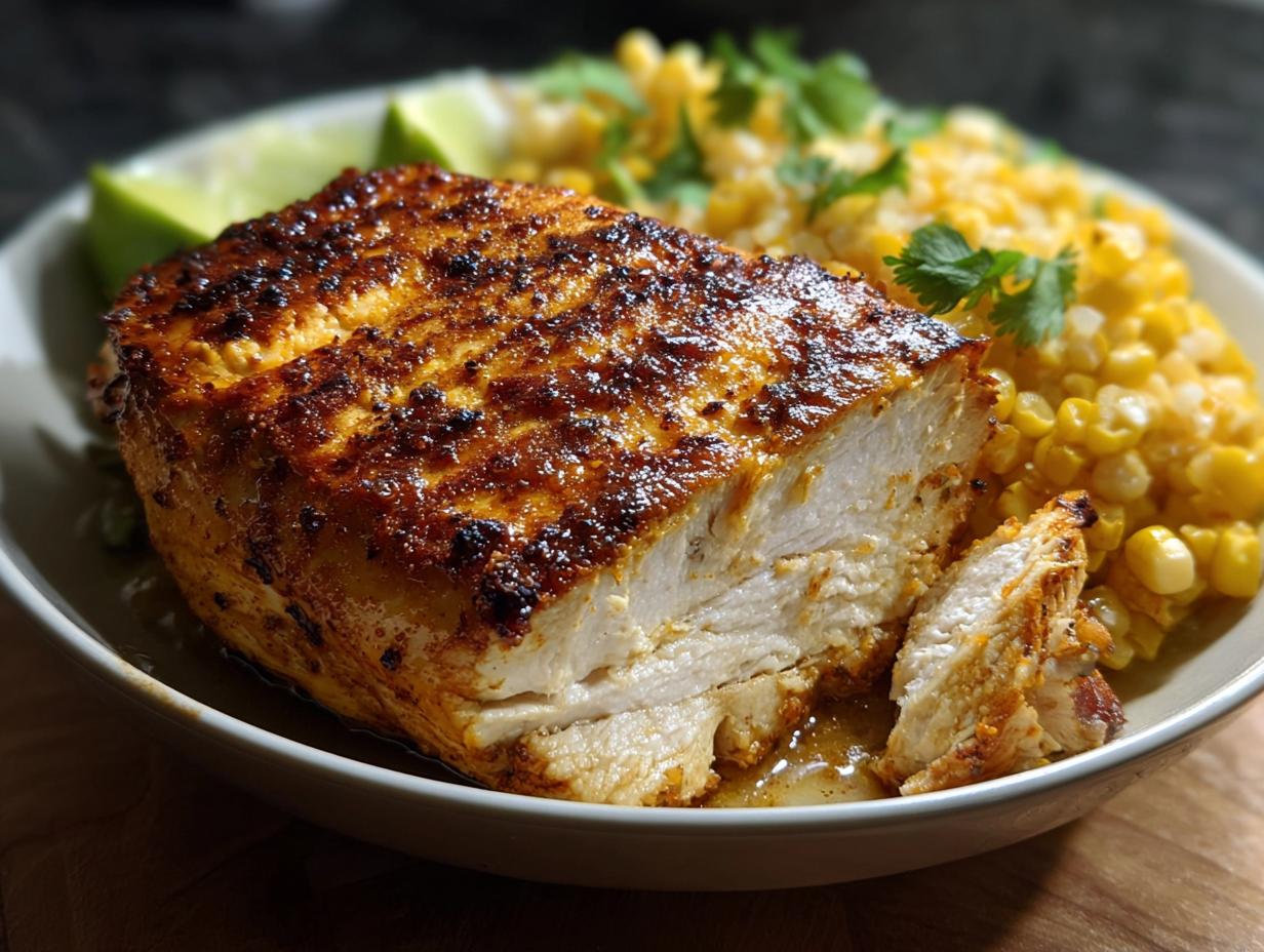 Close-up of a perfectly cooked, seasoned chicken breast, sliced to show juicy white meat, served with corn and lime.