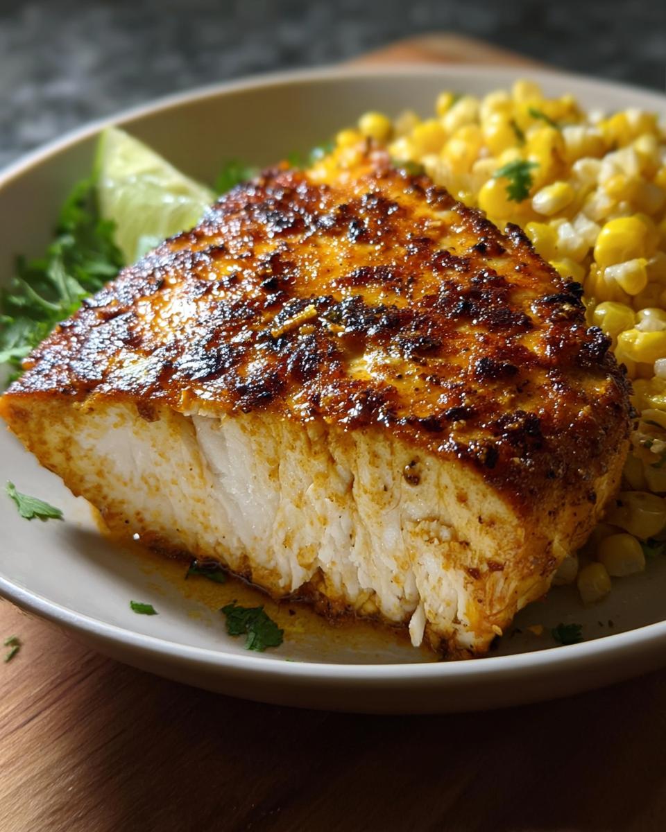 Close-up of a thick, seasoned, and perfectly cooked piece of white protein served with corn, relevant to Healthy Chicken Recipes Everyone Will Love.