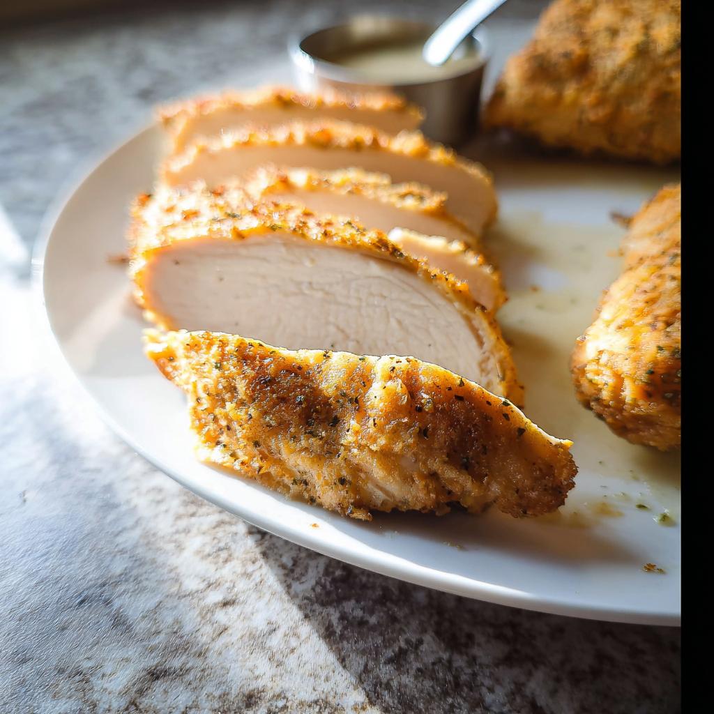 Close-up of perfectly cooked, sliced Brined Chicken Breasts That Never Dry Out on a white plate.