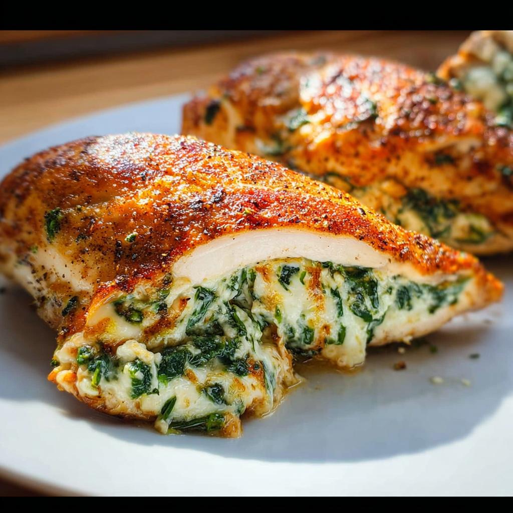 Close-up of a Stuffed Chicken Breasts with Spinach and Cheese, cut open to show melted cheese filling.