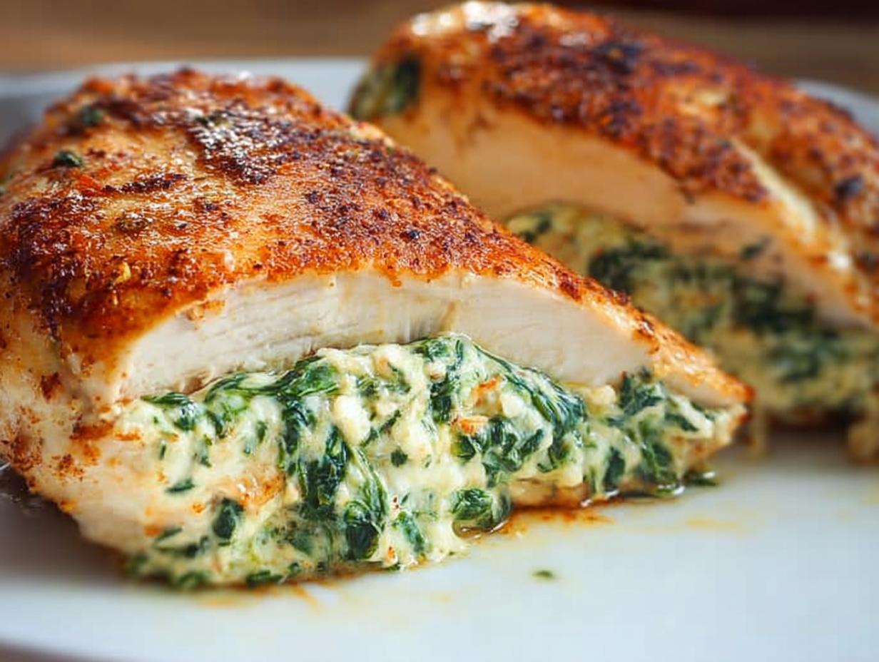 Cross-section of a Stuffed Chicken Breast with Spinach and Cheese filling oozing out.