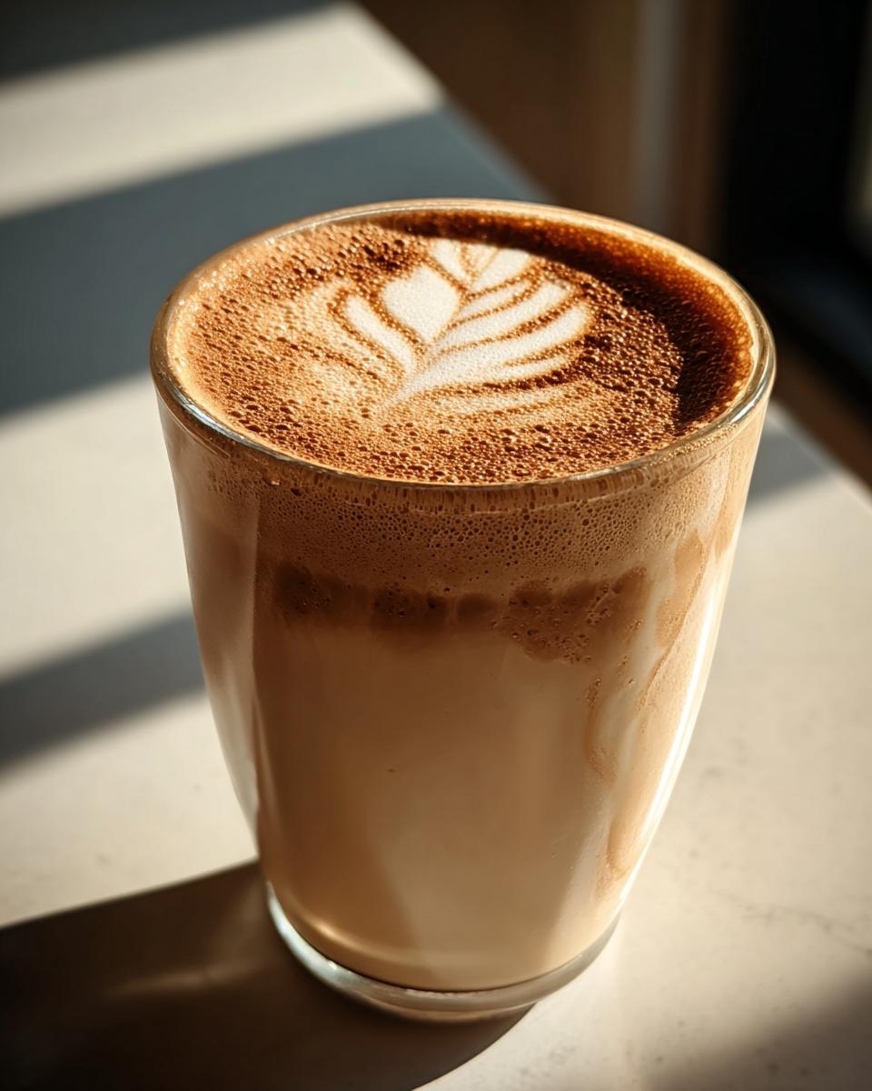 Close-up of a layered coffee drink with rich foam and latte art, perfect for Restaurant-Style Starbucks Drinks Recipes at Home.
