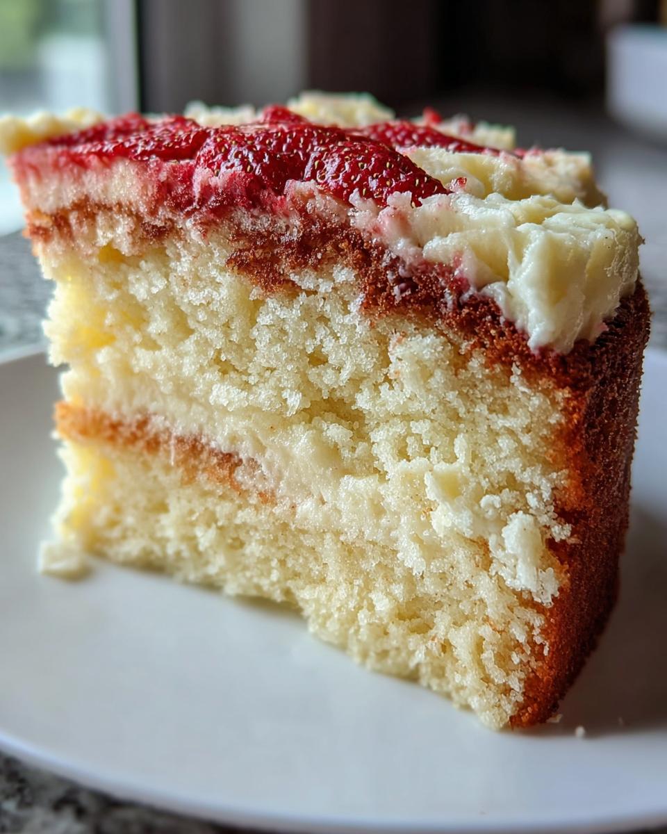 Close-up of a moist slice of layer cake with white frosting and a bright red strawberry topping.