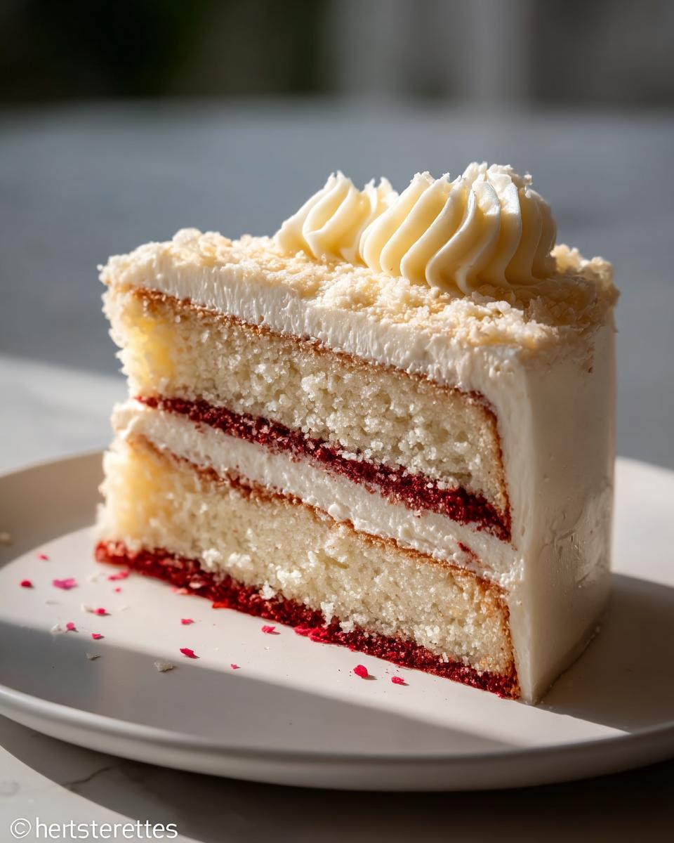 A perfect slice of layered cake with white frosting and red filling, highlighting great cake ideas recipes.